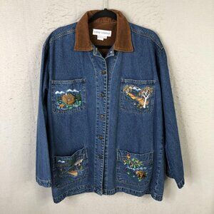 Casey Coleman Jacket Women M Denim Embroidered Wildlife Western Chore Pockets